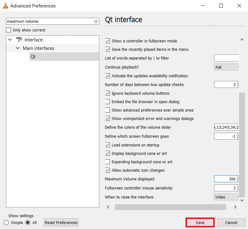 Select the Save button in VLC Advanced Preferences