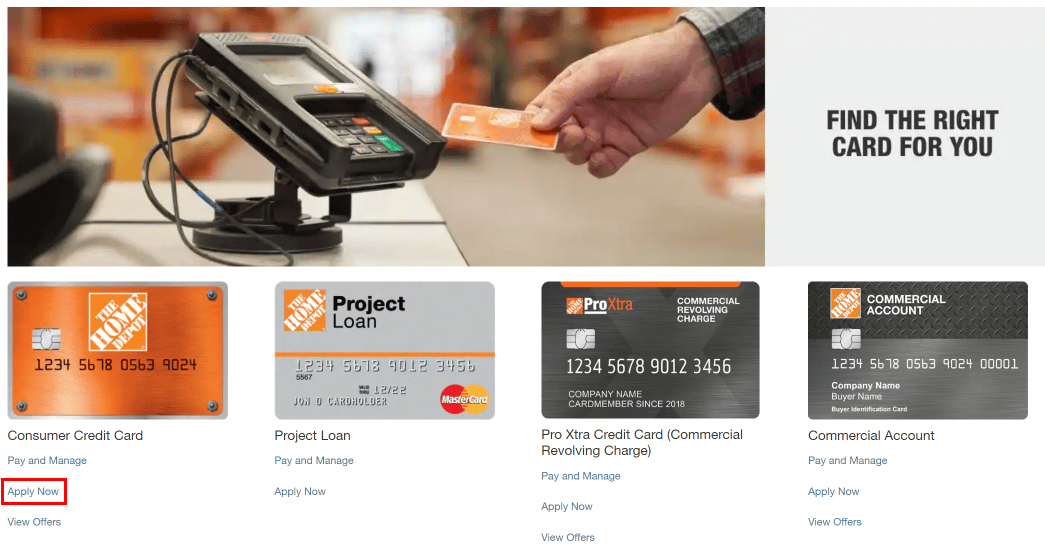 Scroll a little and select any of the credit card options and click on the Apply Now option below it. | How to Create Home Depot Account