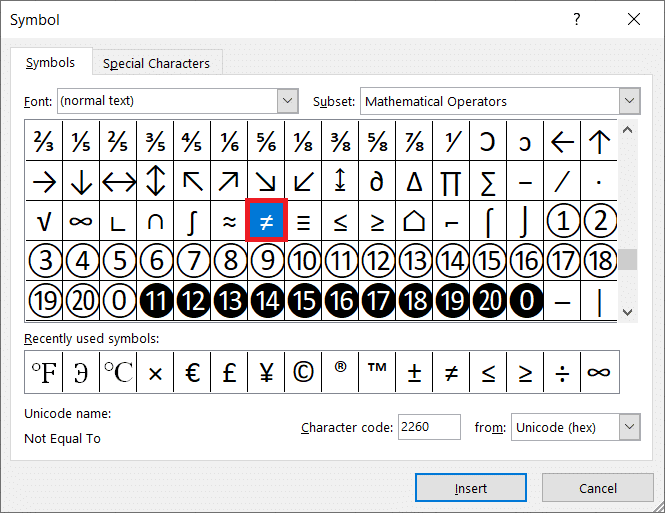 Scroll and locate the Does not equal to character. How to Type Does Not Equal Sign