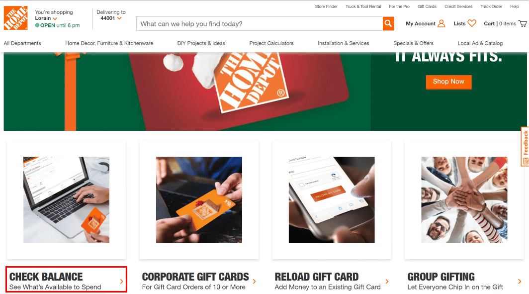 Scroll down a little and click on the CHECK BALANCE option at the bottom left of the screen. | How to Create Home Depot Account