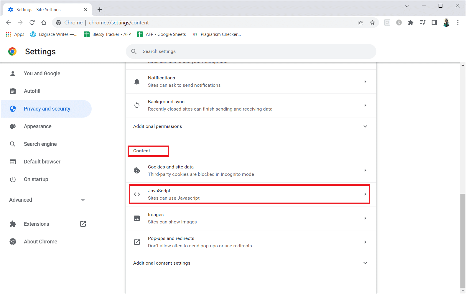 Scroll down and click on JavaScript under the Content section