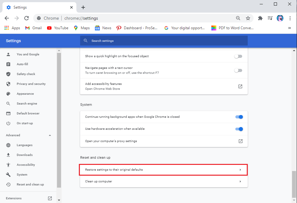 scroll down and click on the Reset settings to their original defaults.