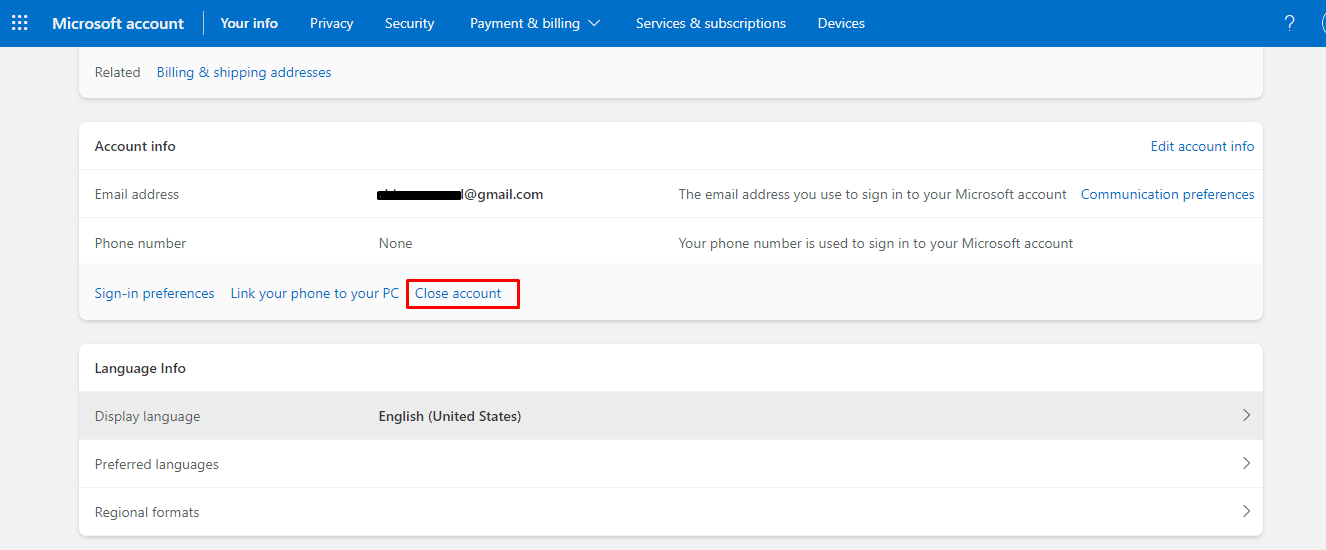 Scroll down and click on the Close account option