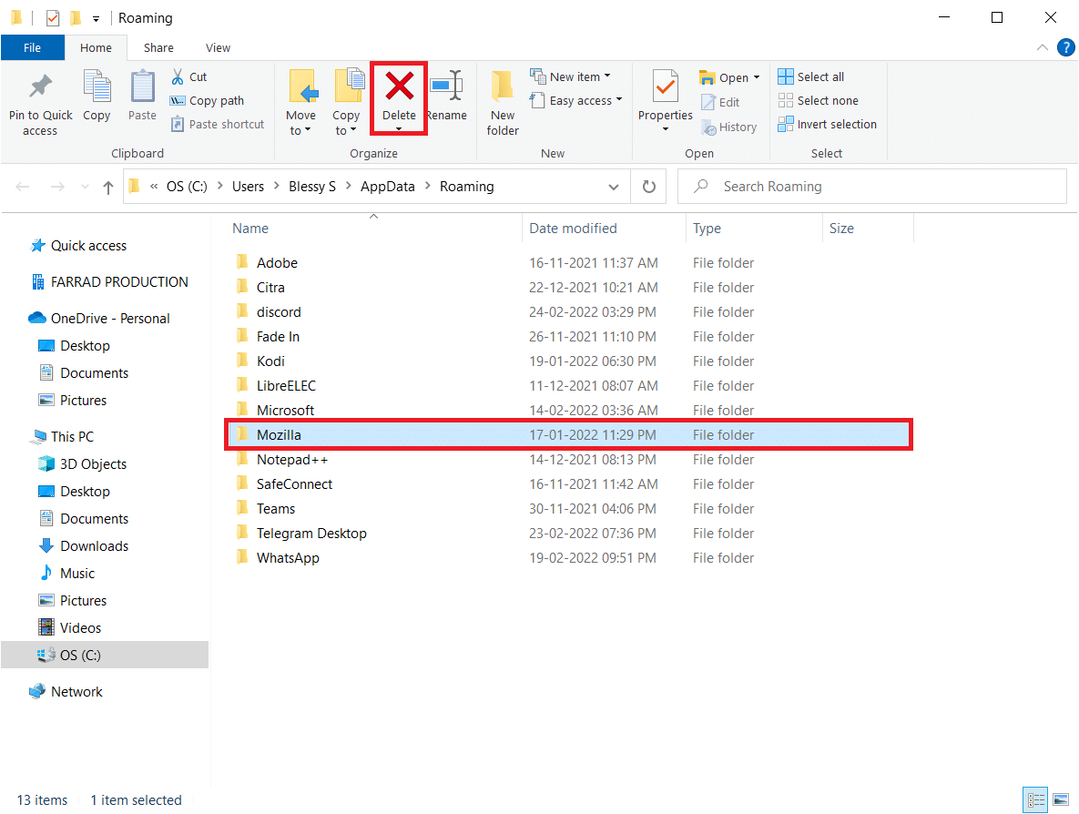 Scroll down and click on the Mozilla folder. Then, click on the Delete option. Fix No Sound in Firefox on Windows 10 