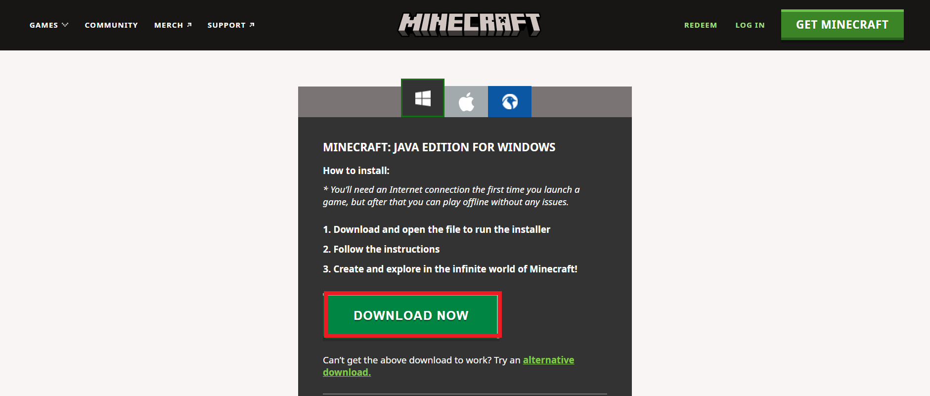 Scroll down and click the Download Now option under MINECRAFT JAVA EDITION FOR WINDOWS, as shown below