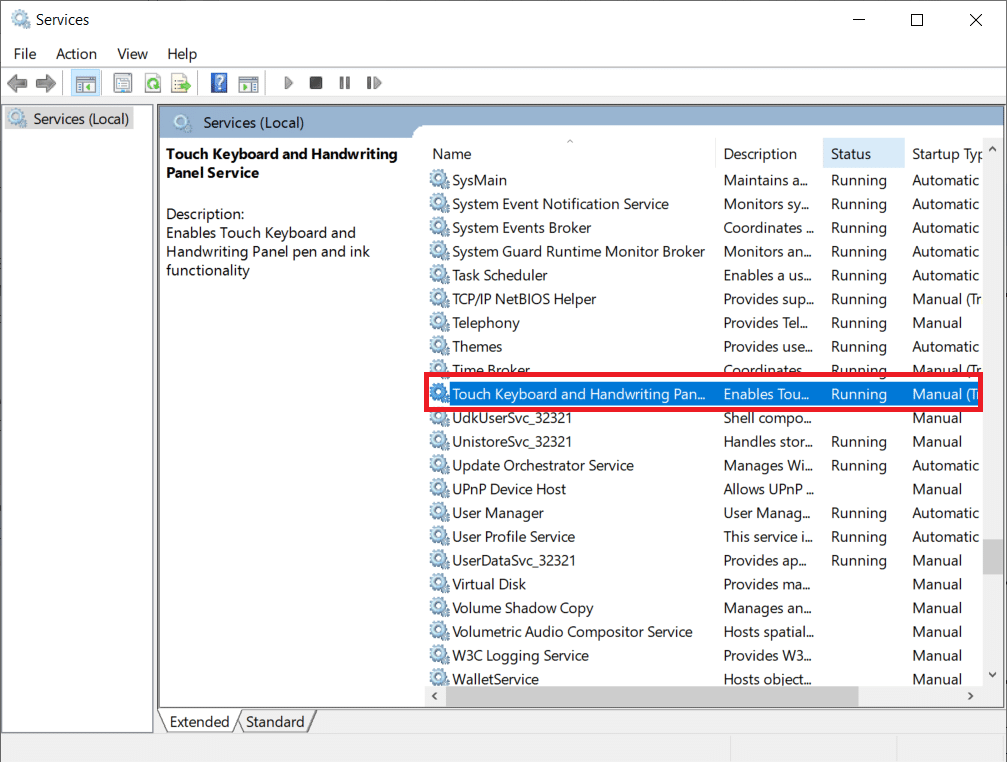 scroll down and double click on the Touch Keyboard and Handwriting Panel Services