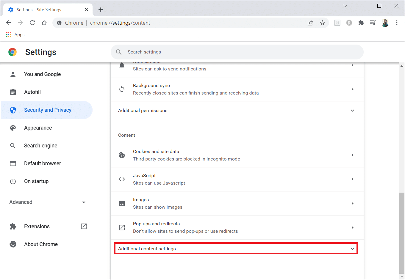 Scroll down and expand the Additional content settings option