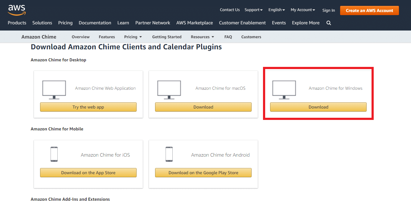 Scroll down and find the Amazon Chime for Windows option