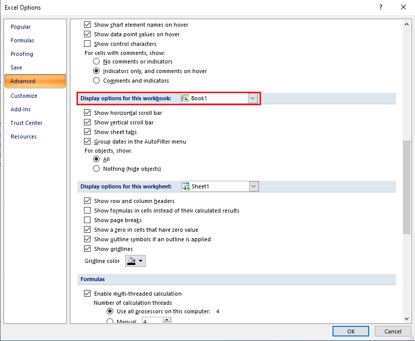 Scroll down and locate Display options for this workbook menu. how do you move cells in table on a worksheet