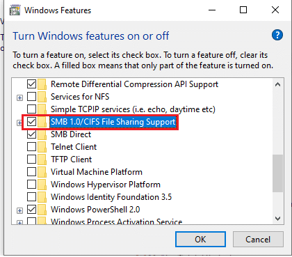 Scroll down and locate SMB 1.0/CIFS File Sharing Support. Ensure the box next to is checked. 