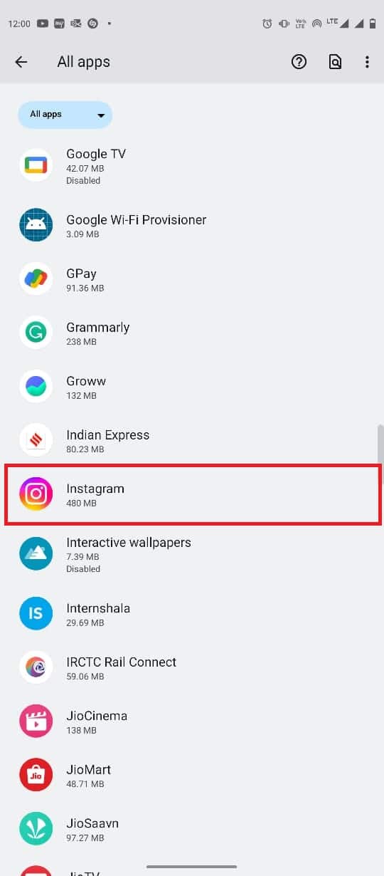 Scroll down and locate the Instagram app and tap on it | How to Fix Black Instagram Photos