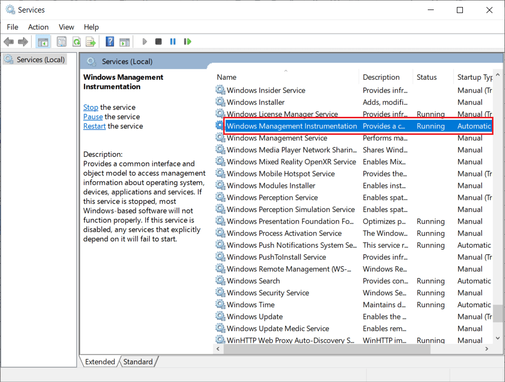 Scroll down and locate Windows Management Instrumentation Service