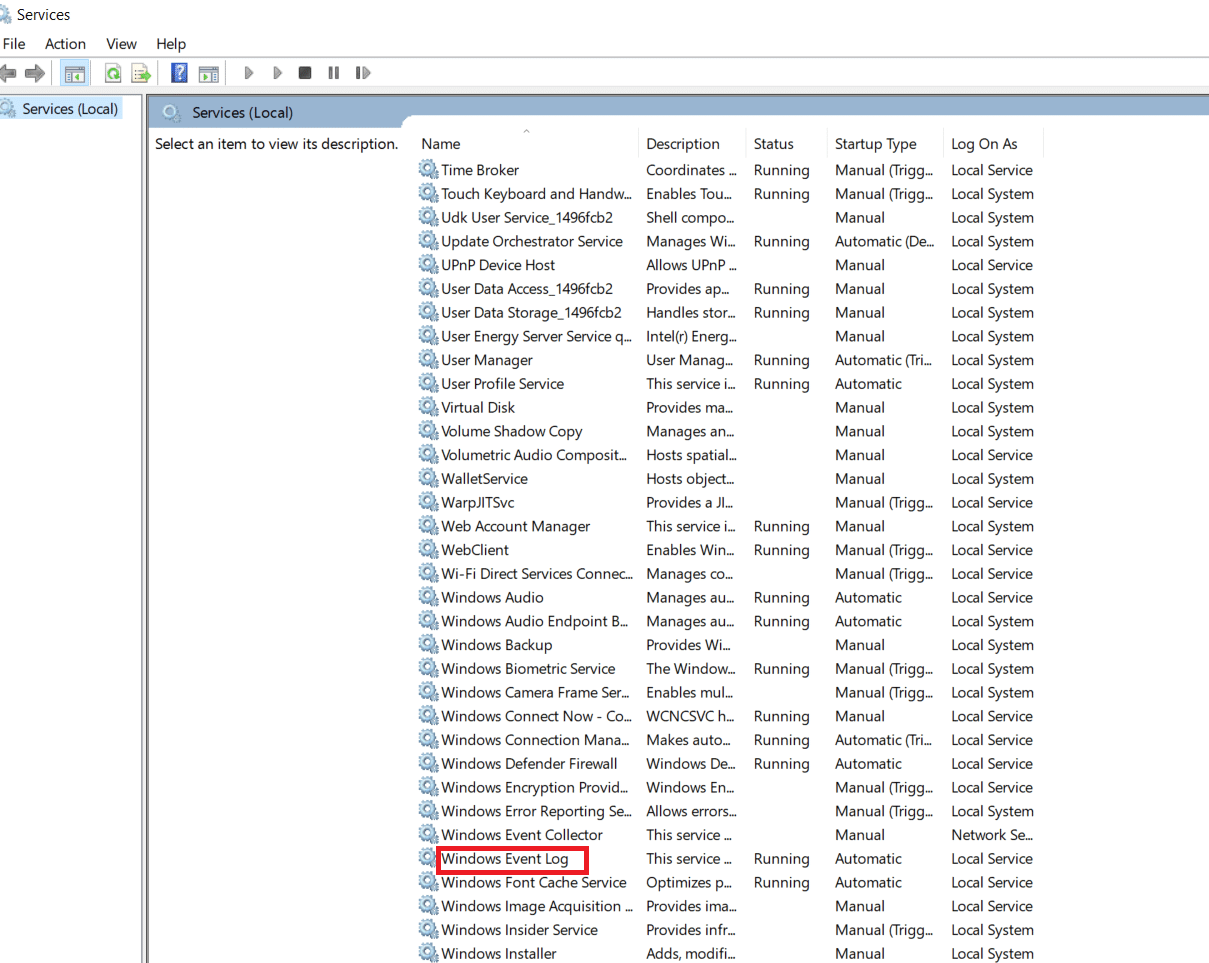 scroll down and search for the Windows EventLog service. 