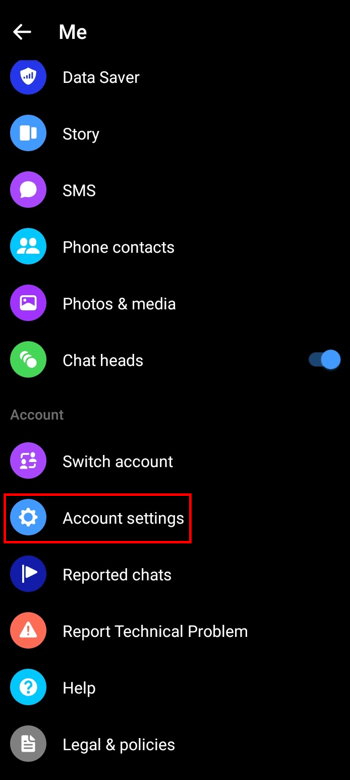 Scroll down and tap on Account settings. | How to Remove an Account from Messenger App