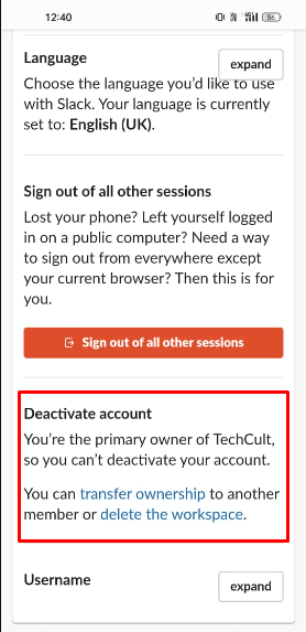 Scroll down and tap on the last Deactivate Account option.