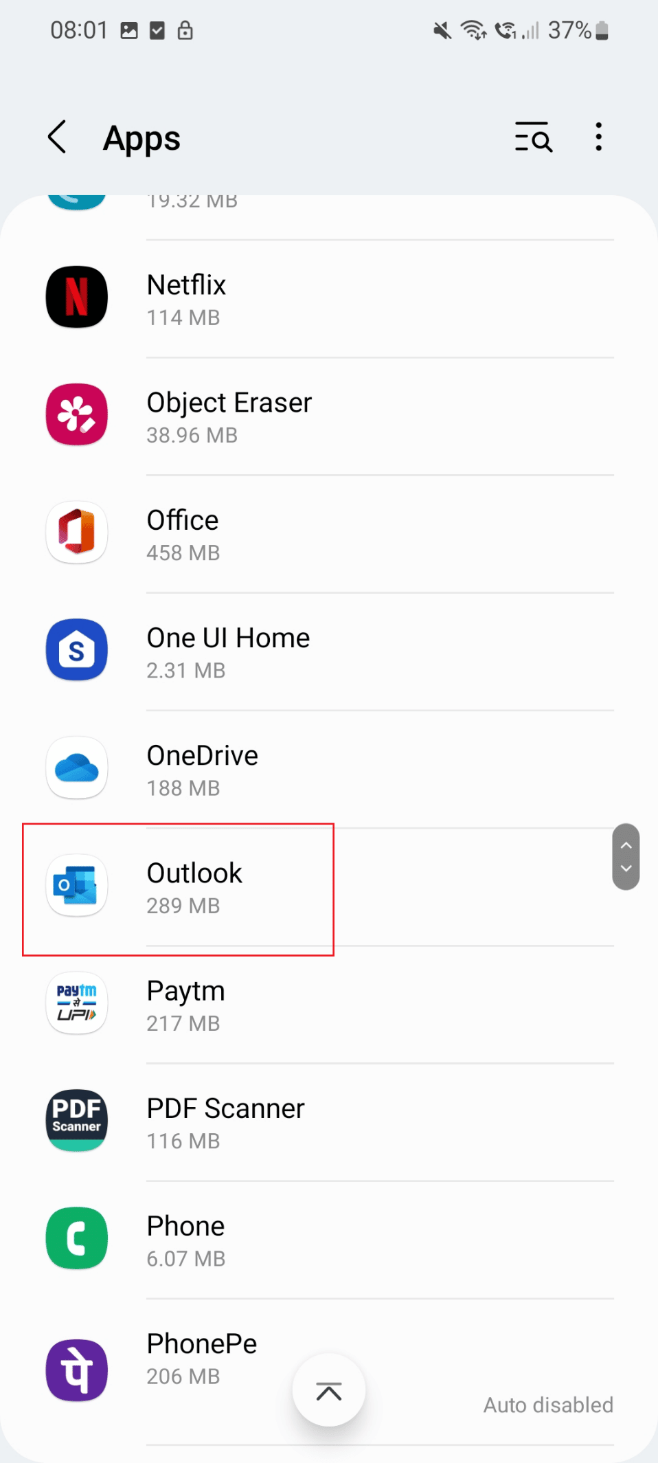 Scroll down and tap on the Outlook app