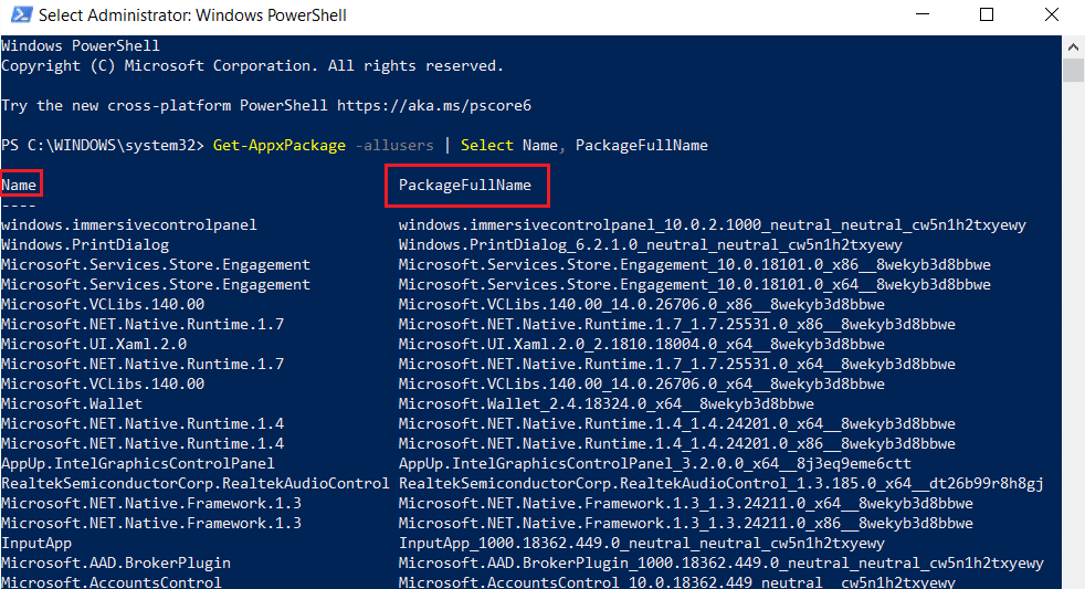 scroll down the package fullname and name in windows powershell. Fix 0xa00f4244 no cameras are attached error
