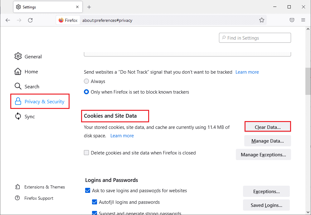 scroll down the right screen to the Cookies and Site Data menu. Fix Firefox Connection Reset Error