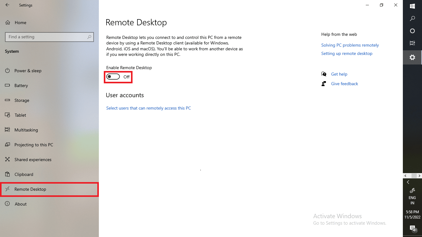 Scroll down through System Settings to click on Remote Desktop. Toggle the Enable Remote Desktop on. | What is a Remote Access Code? | connect to a remote network