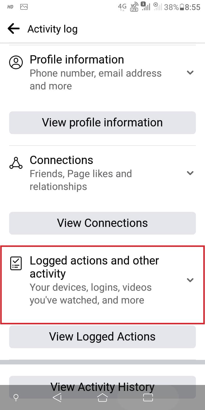 Scroll down through your Activity Log to tap on Logged actions and other activities. | How to Delete All Your Facebook Pictures