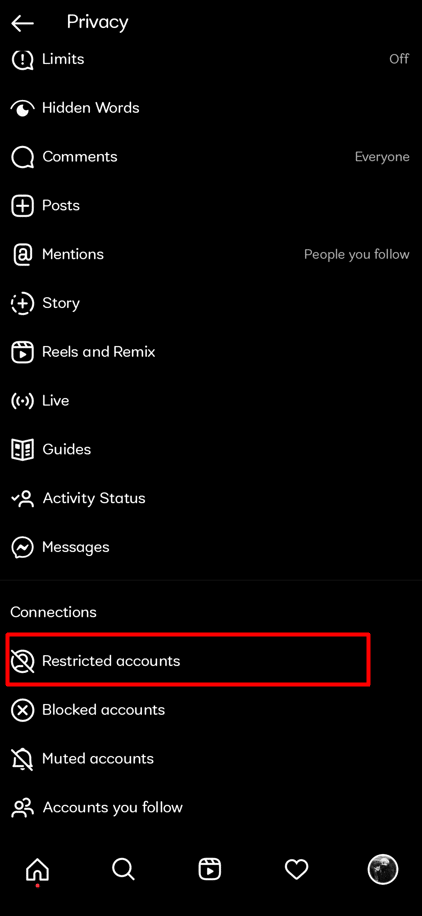Scroll down to Connections after which you should click Restricted Accounts. Continue next.