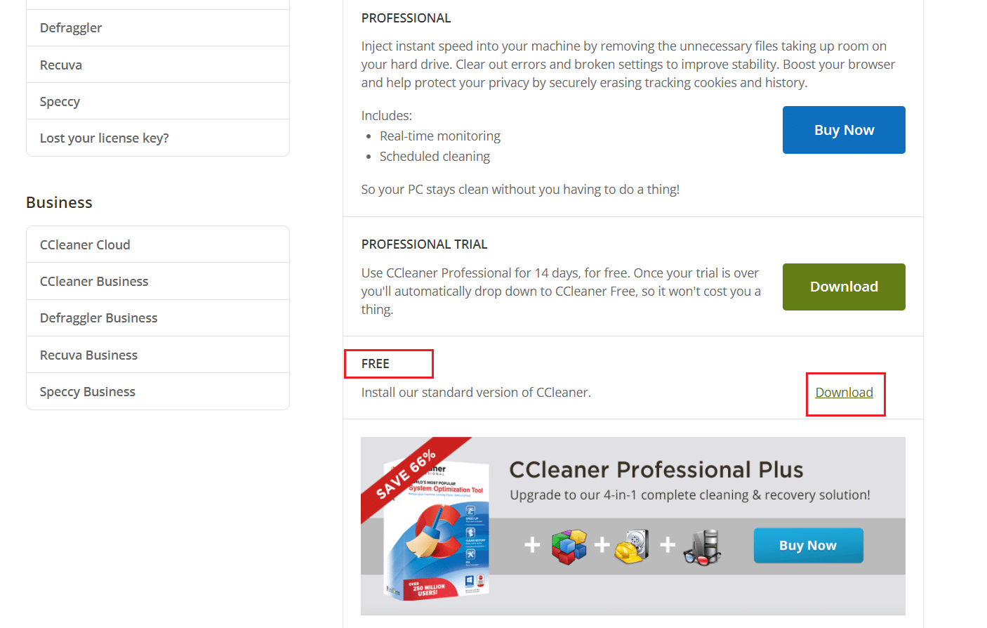 прокрутите вниз, чтобы найти бесплатную опцию, и нажмите «Загрузить», чтобы загрузить CCleaner.
