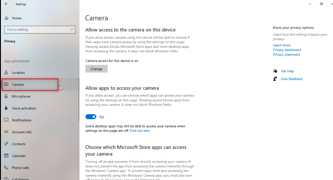 scroll down to find Camera tab