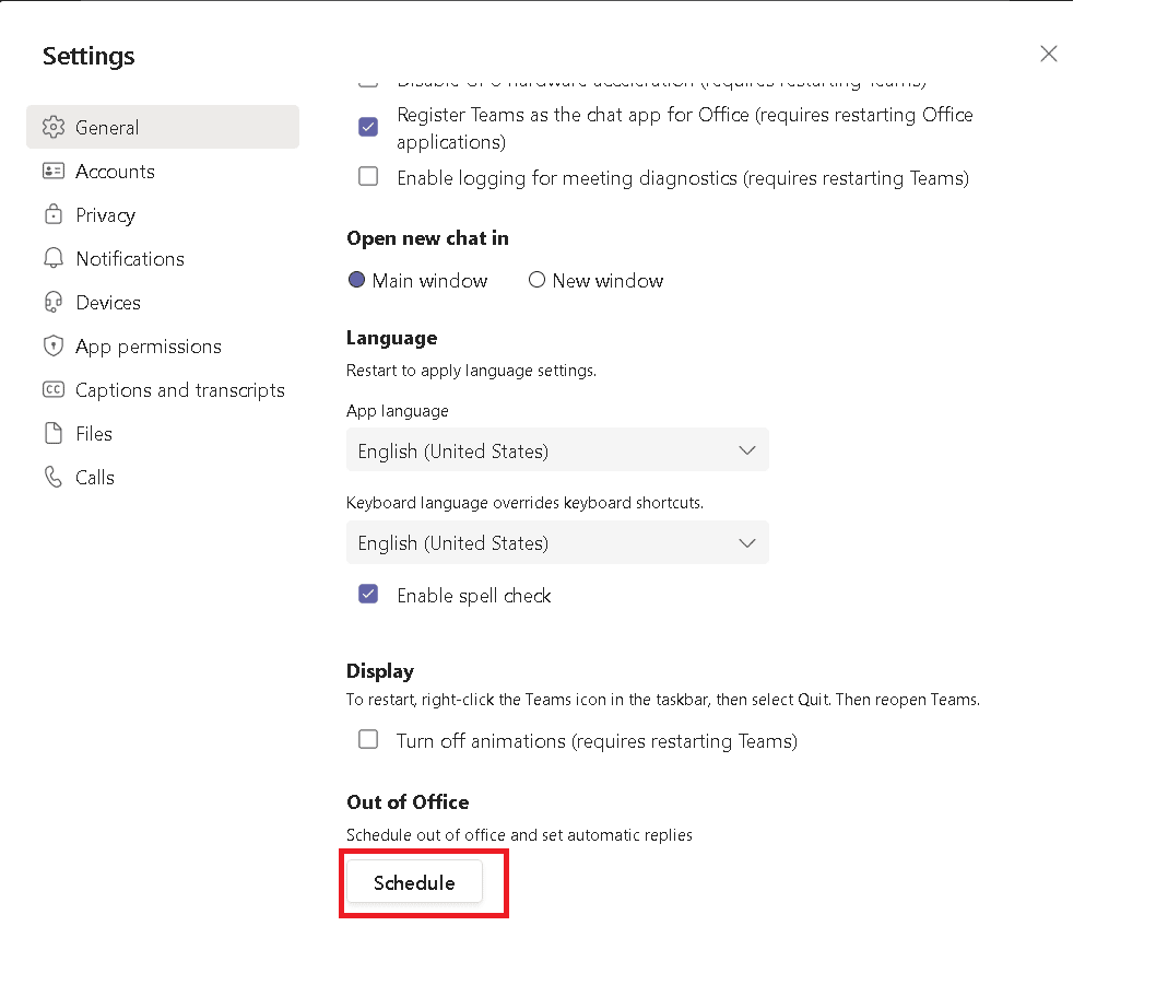 Scroll down to find Out of Office and click on Schedule button. How to Set Out of Office in Teams