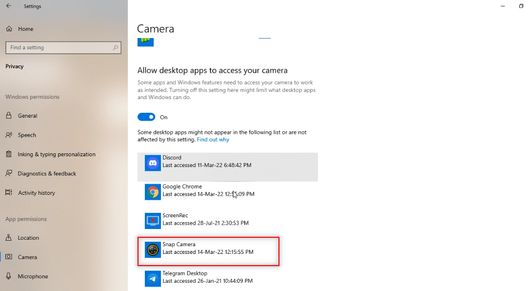 Scroll down to find the Snap Camera app under the Allow desktop apps to access your camera category