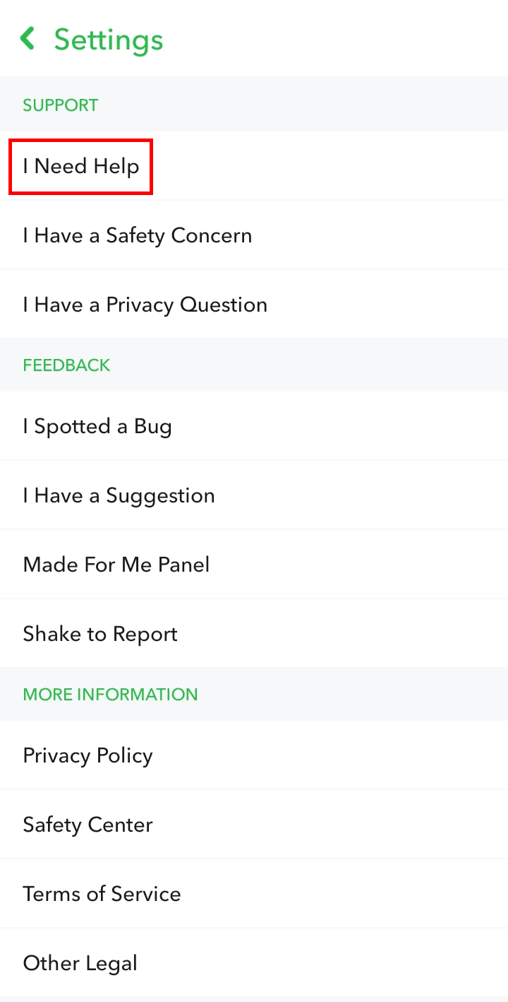 Scroll down to Support and tap on I Need Help. | cancel Snapchat data request