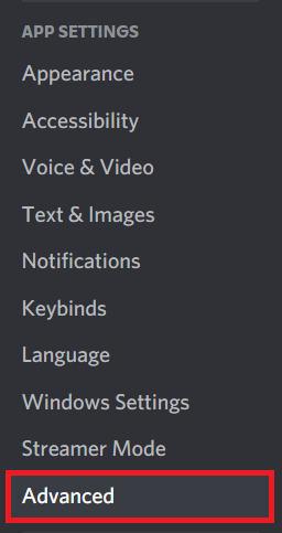 Scroll down to the APP SETTINGS tab and click on the Advanced | Discord webcam green