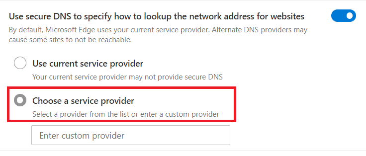 Scroll down to the Security section. Select Choose a service provider