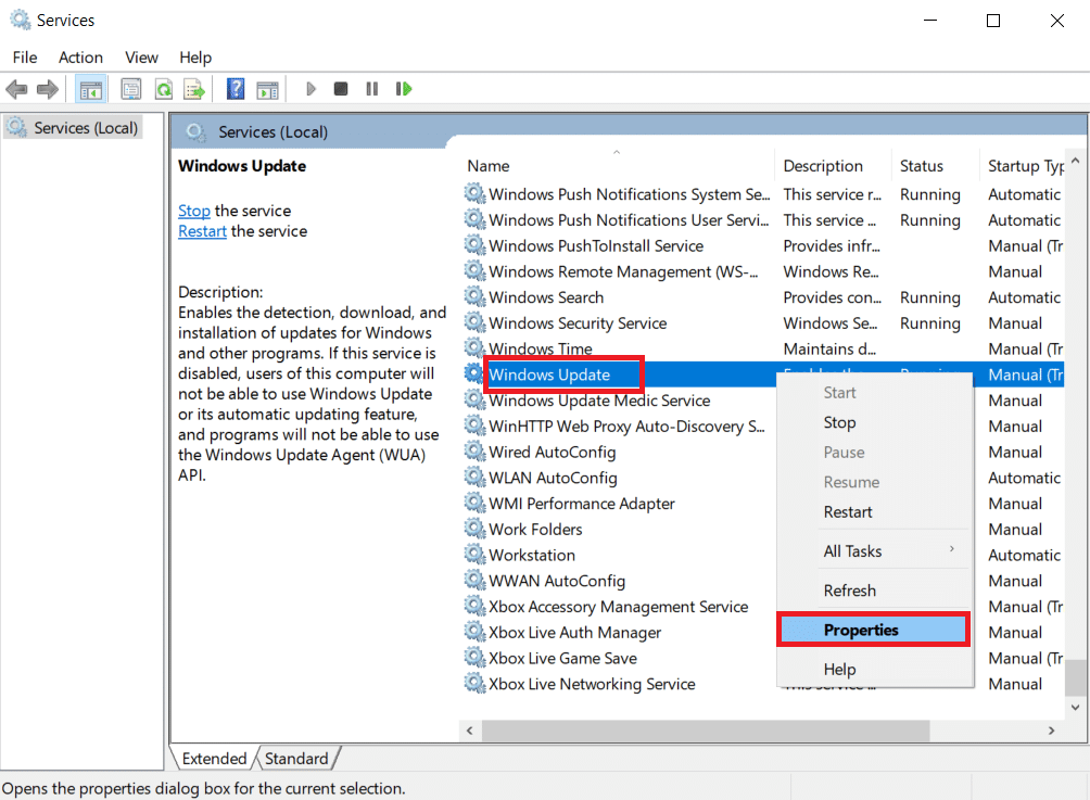 Scrollen Sie durch die Liste und klicken Sie mit der rechten Maustaste auf Windows Update. Wählen Sie Eigenschaften aus der Liste aus. Beheben Sie den Windows 10-Fehler 0xc004f075