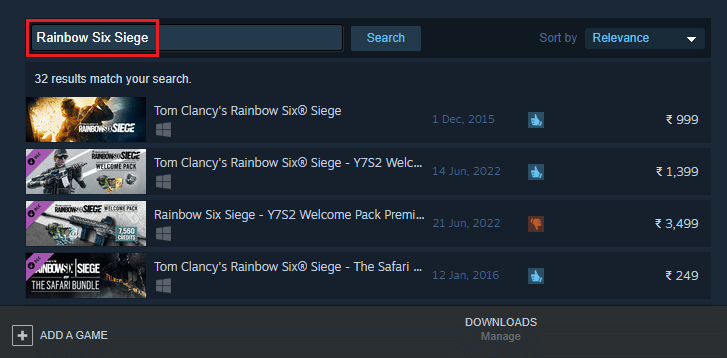 Search and click on Rainbow Six Siege
