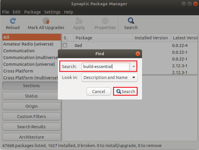search build essential in snaptic package manager ubuntu linux