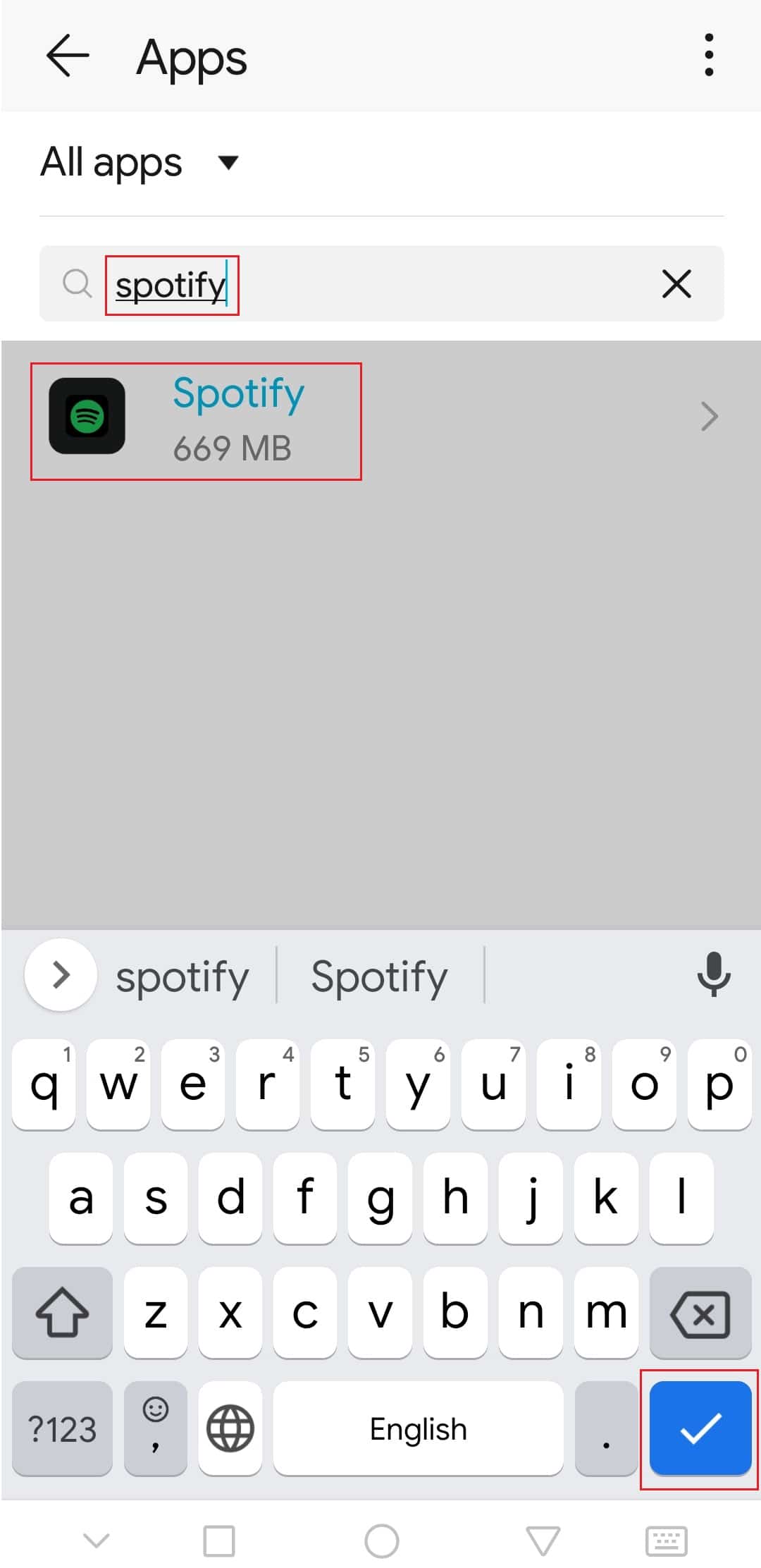 search for Spotify and tap on it to go to Spotify app settings on Android
