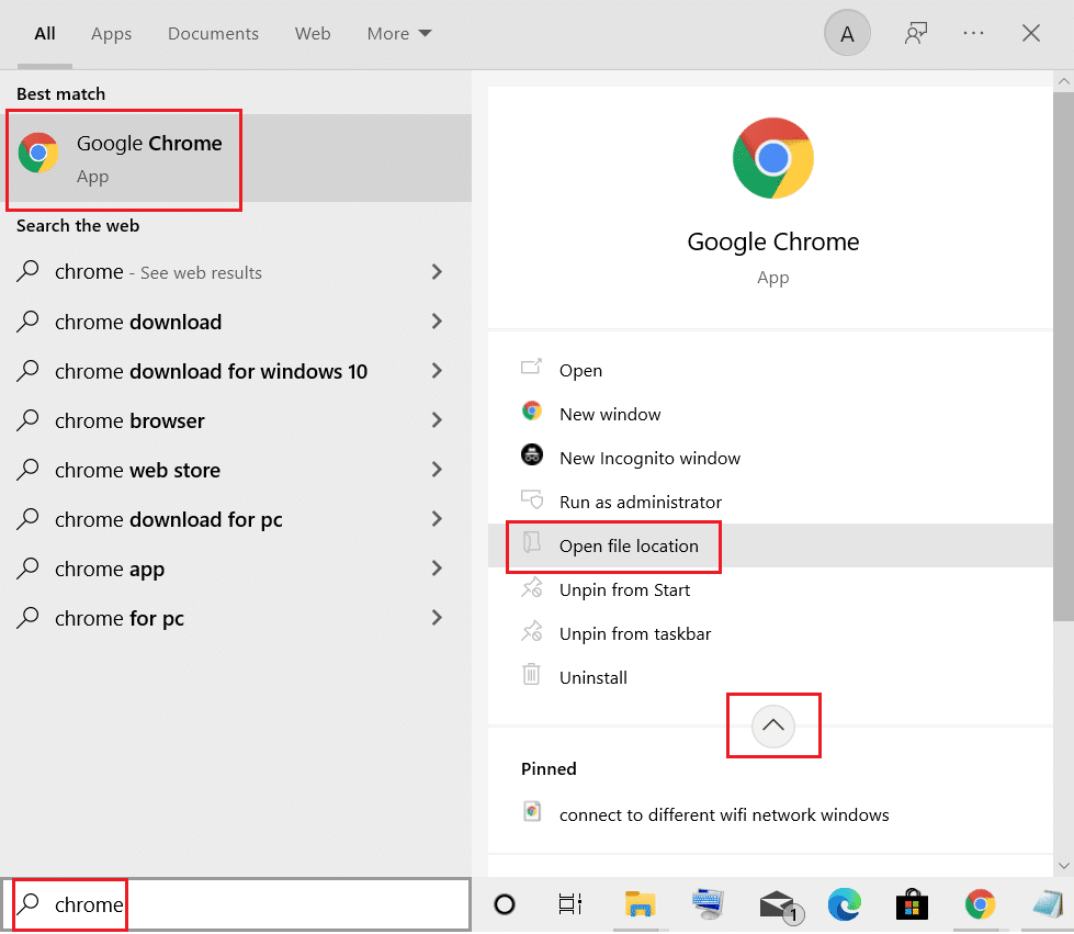 ค้นหา Chrome ในเมนูค้นหาของ Windows แล้วเลือกตัวเลือกเปิดไฟล์ตำแหน่ง