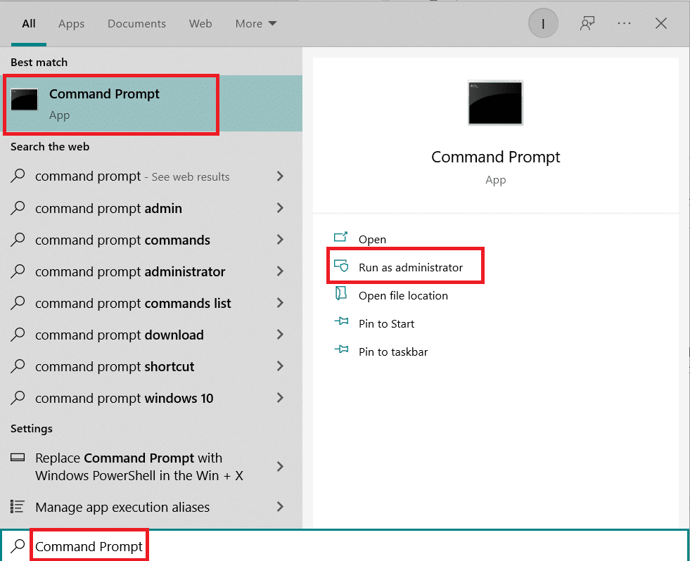 Найдите командную строку в строке поиска Windows и нажмите «Запуск от имени администратора».
