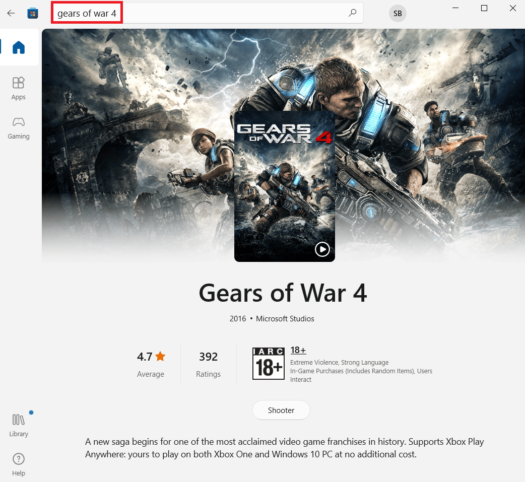 Найдите игру Gears of War 4 в строке поиска и нажмите «Установить».