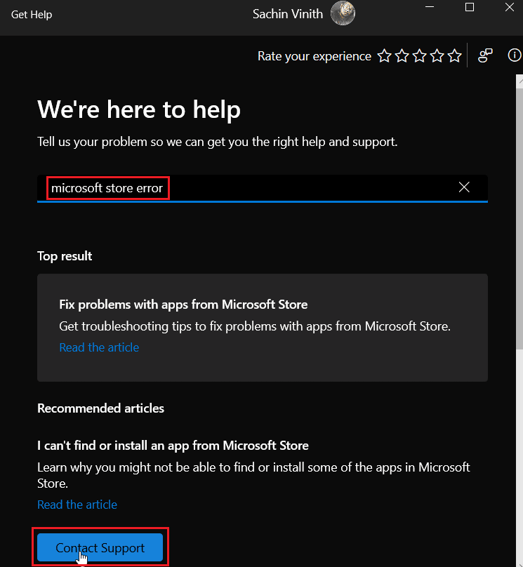 search for microsoft store error and click on contact support. Fix Microsoft Store Error Code 0xc03f300d