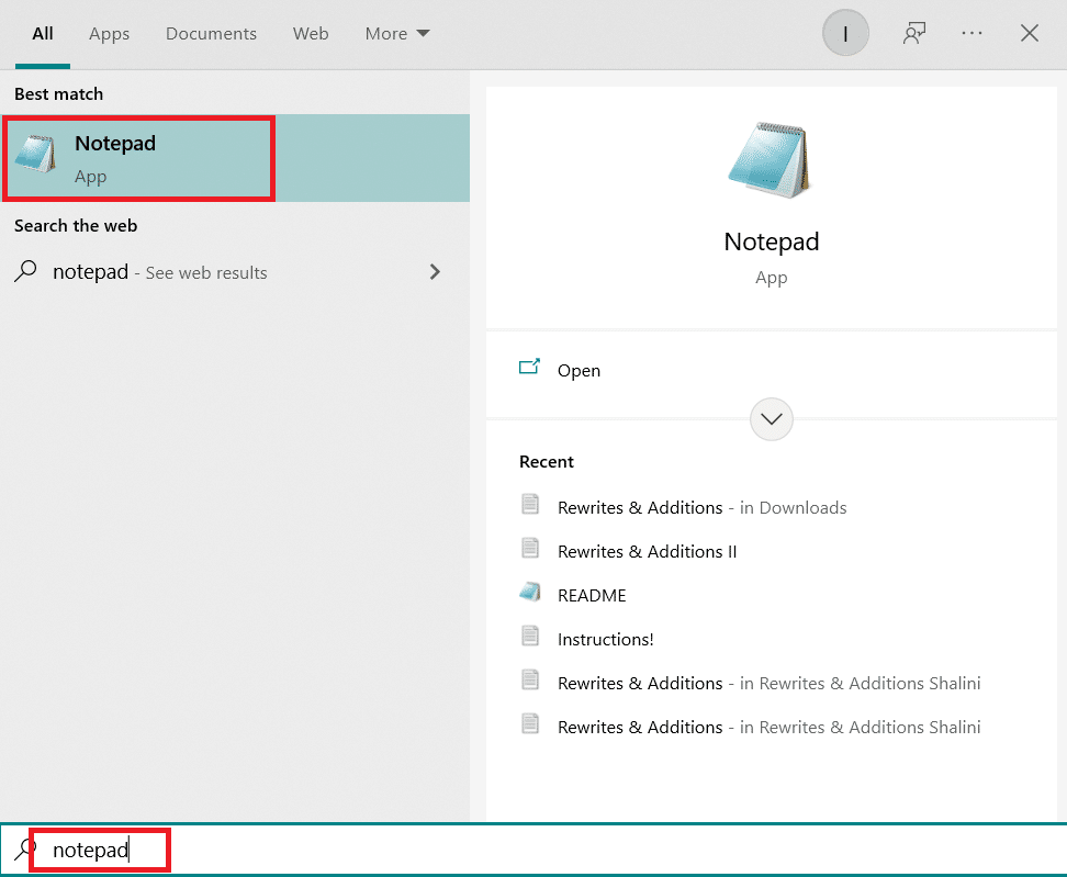 Потърсете notepad в лентата за търсене на Windows и щракнете върху него