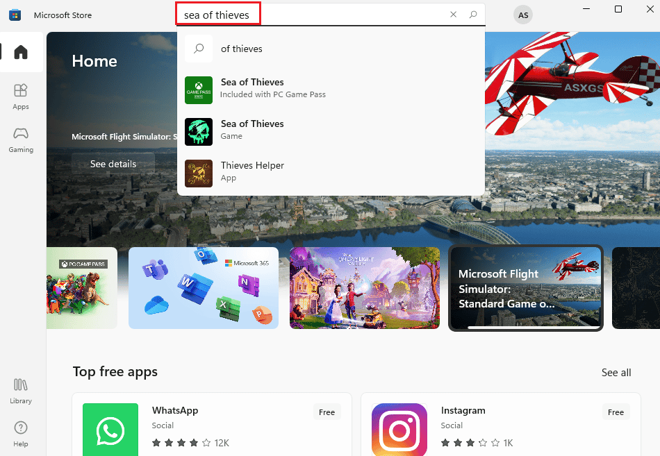 search for sea of thieves in Microsoft Store