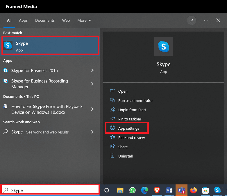 Search for Skype from the Start Menu and click on App Settings