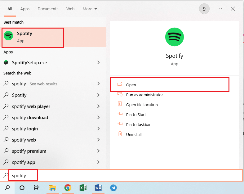Search for Spotify in the search bar and click on the app result to launch the app on your PC