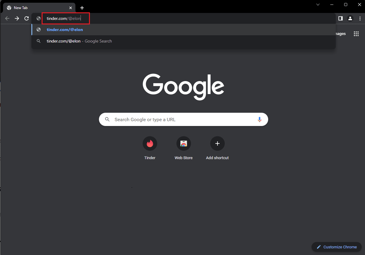search for tinder.com username in chrome