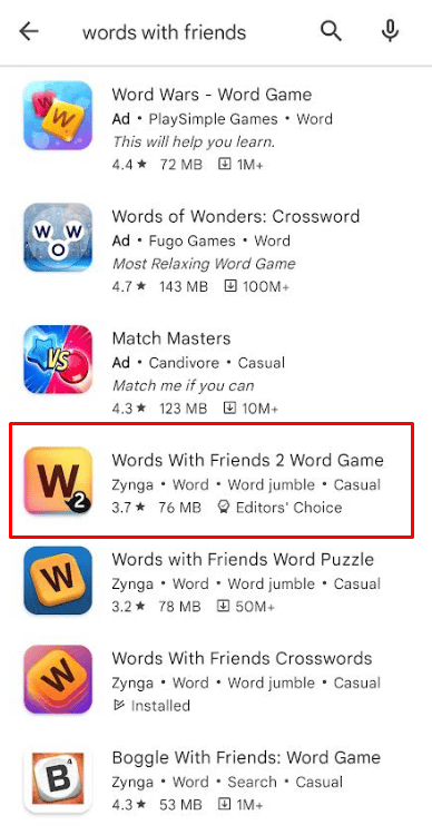 Search for Words With Friends game.