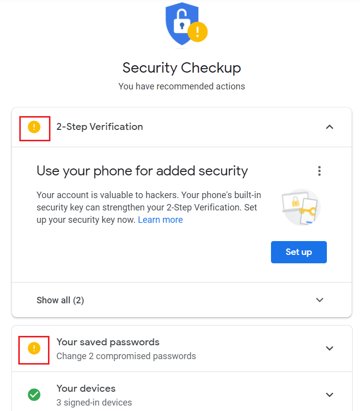 security checkup google account security settings