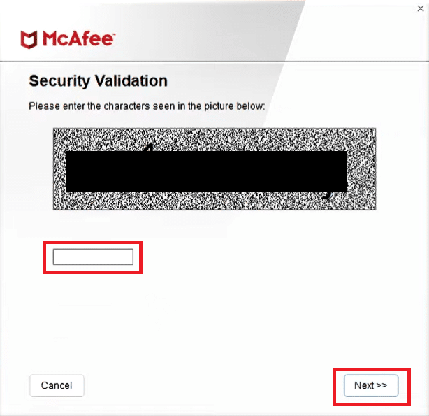 Security code text box and Next button. How to Uninstall McAfee LiveSafe in Windows 10