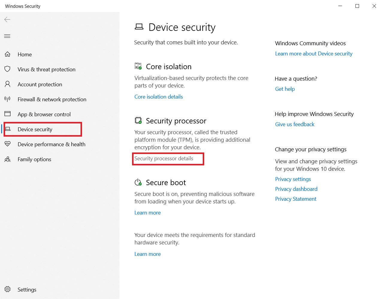 Security processor details option