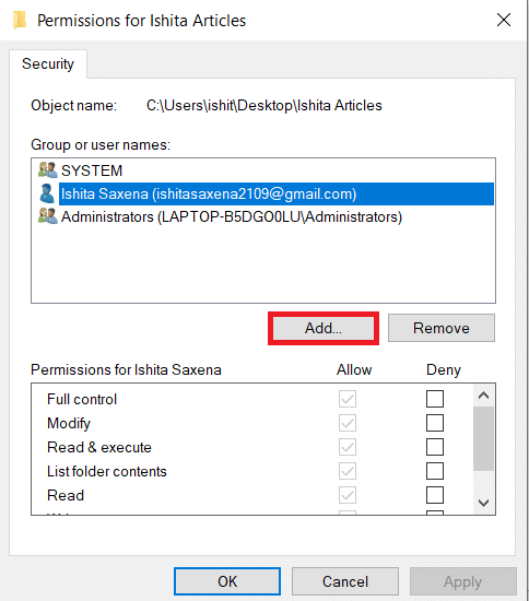 Security tab in Folder properties. Add option highlighted. 